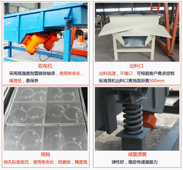 1030直線振動篩雙電機(jī)采用高強(qiáng)度耐震鑄鐵軸承使用壽命長、噪音低，易保養(yǎng)；出料口排料迅速，不堵口，可根據(jù)客戶需求定制，標(biāo)準(zhǔn)機(jī)器出料口離地面距離500mm;篩網(wǎng)網(wǎng)孔標(biāo)準(zhǔn)規(guī)范、使用壽命長，耐磨損、精度高；減震彈簧：彈性好，穩(wěn)定傳遞激振力。